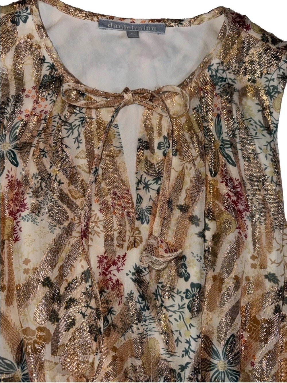 Daniel Rainn Eileen Sleeveless Maxi Dress Gold Floral Lurex Smocked Waist S - Picture 8 of 16